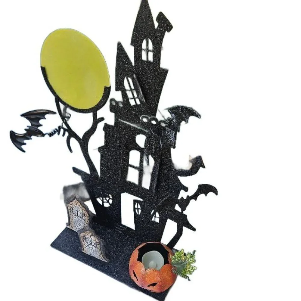 Metal 3D Glittered Halloween Haunted Mansion Scene with Pumpkin Tealight Holder